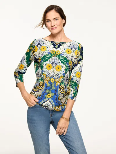 Talbots Plus Size - Bateau Neck T-shirt - Elaborate Medallion - Azure Blue - 2x  In Blue