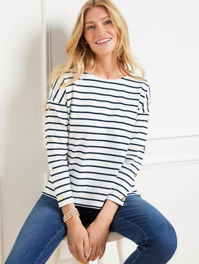 Talbots Plus Petite - Button Sleeve Crewneck T-shirt - Stripe - White/indigo - 3x - 100% Cotton  In Multi