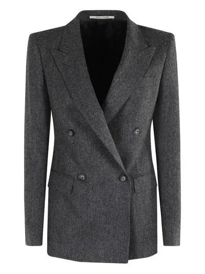 Tagliatore Double-breasted Herringbone Blazer With Notched Lapel In Gray
