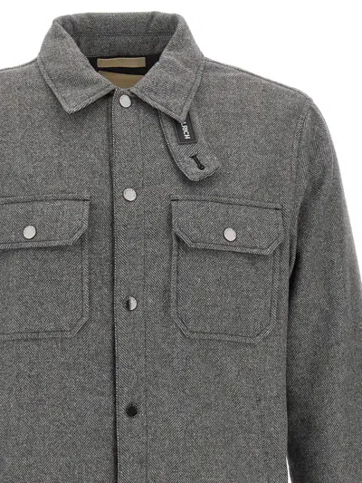 Woolrich Grey Patterned Wool Blend Overshirt With Classic Collar And Snap-button Fastening In Gray