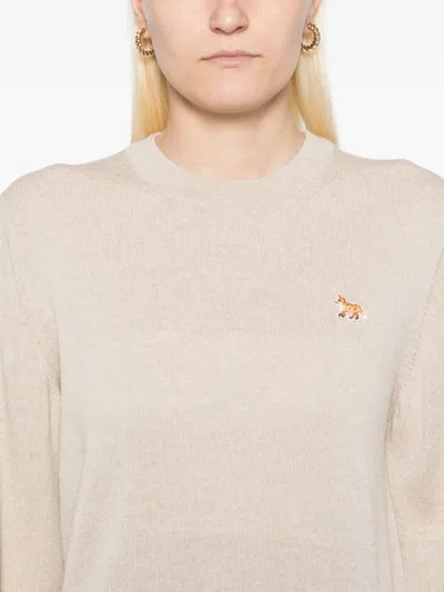 Maison Kitsuné Wool Crew Neck Jumper With Ribbed Cuffs In Neutral