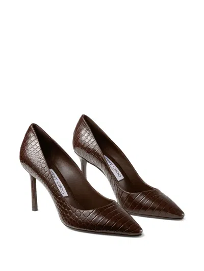 Jimmy Choo 85mm Romy Pointed-toe Pumps With Crocodile-effect In Brown