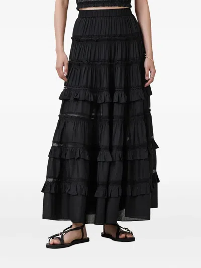 Allsaints Womens Black Arlea Elasticated-waist Lace-trim Woven Maxi Skirt