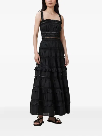 Allsaints Womens Black Arlea Elasticated-waist Lace-trim Woven Maxi Skirt