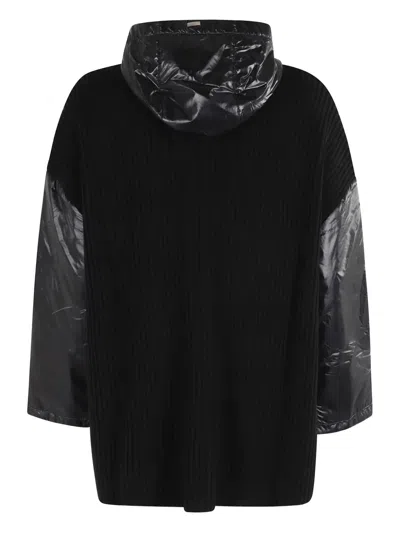 Herno Ribbed Wool Cape With Drawstring Hood And Contrasting Sleeves In Black