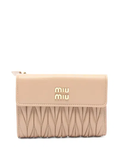 Pre-owned Miu Miu 2020s Matelassé Tri-fold Wallet In Neutral
