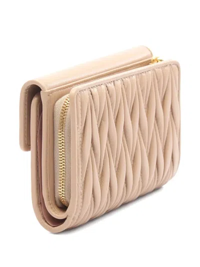 Pre-owned Miu Miu 2020s Matelassé Tri-fold Wallet In Neutral
