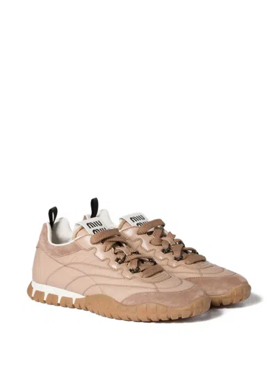 Miu Miu Tyre Sneakers In Technical Fabric And Suede Shoes In Brown