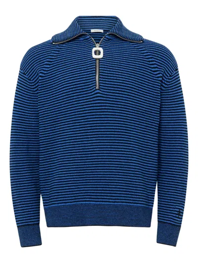 Jw Anderson Blue Sweater With Half Zip Closure On The Front In Cotton Piquet Man In Blue