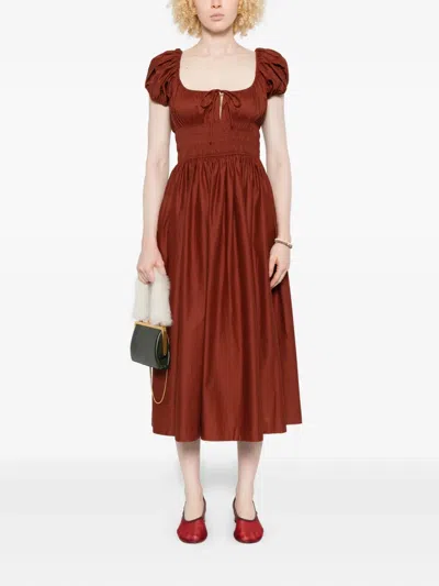 Doen Quinn Puff-sleeve Smocked Dress In Brown