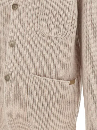 Fay Knitwear With Shawl Collar And Front Pockets In Neutral