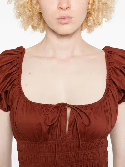 Doen Quinn Puff-sleeve Smocked Dress In Brown