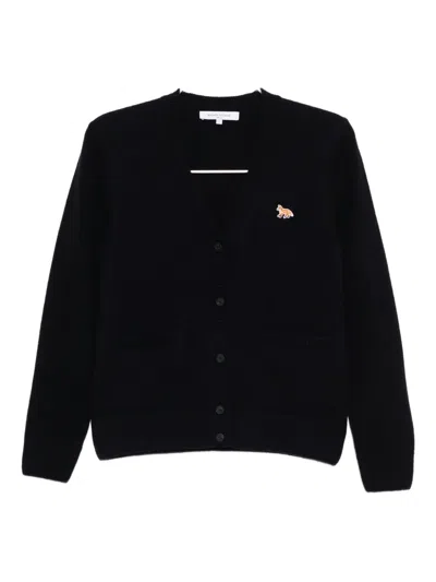 Maison Kitsuné V-neck Long Sleeve Wool Cardigan In Black