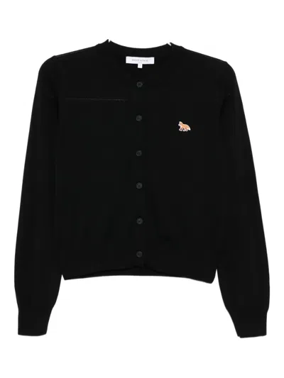 Maison Kitsuné V-neck Long Sleeve Wool Cardigan In Black