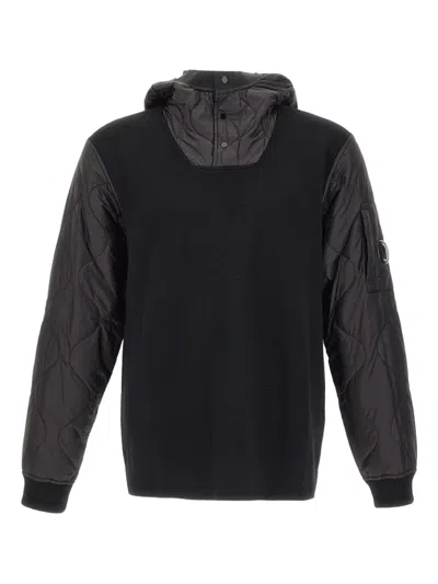 C.p. Company Men Black Jacket With Drawstring Hood And Logo Plaque On The Sleeve In Wool Man In Black