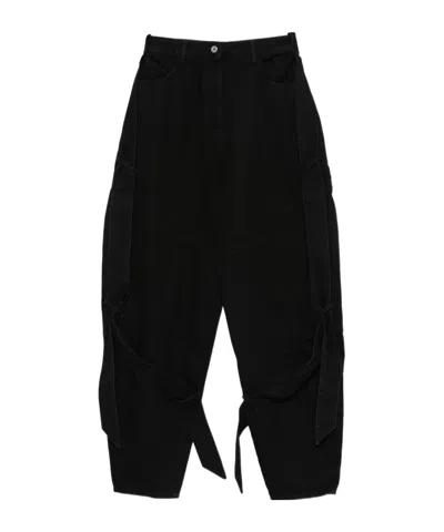 Attico Wide Leg Denim Trousers With Strap And Pockets In Black
