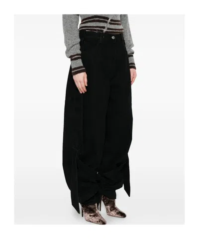 Attico Wide Leg Denim Trousers With Strap And Pockets In Black