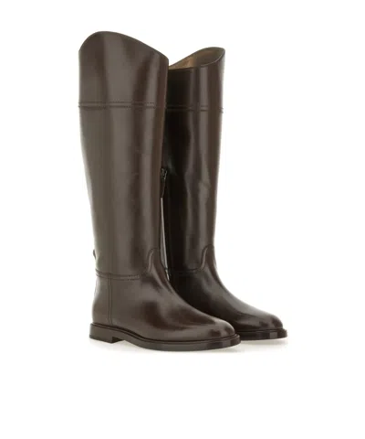 Brunello Cucinelli Brown Leather Boots With Shiny Detail In Gray