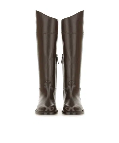 Brunello Cucinelli Brown Leather Boots With Shiny Detail In Gray