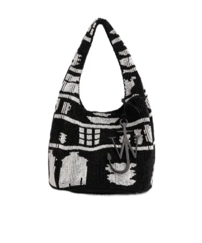 Jw Anderson Mini Beaded Shoulder Bag With Abstract Patterns In Black