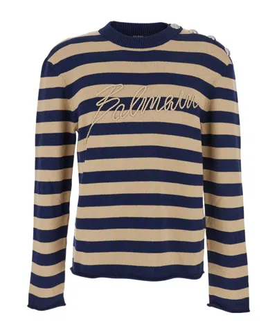 Balmain Striped Sweater With Logo Embroidery In Brown