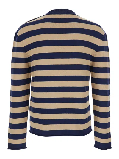 Balmain Striped Sweater With Logo Embroidery In Brown