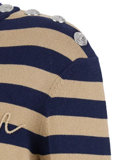 Balmain Striped Sweater With Logo Embroidery In Brown