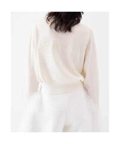 Jacquemus White Crew Neck Sweater With Back Logo In Merino Wool Woman In White