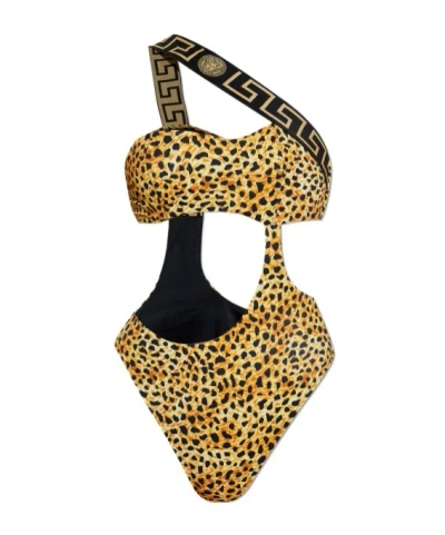Versace Cheetah Print Cutout One-shoulder One-piece Swimsuit In Multi