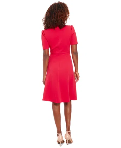 London Times Petite Stand-collar Fit & Flare Dress In Pink