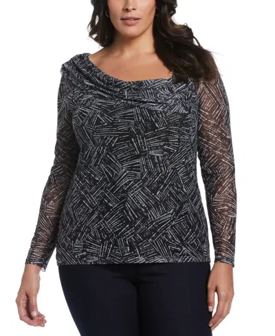 Ella Rafaella Women's Printed Asymmetrical Mesh Top In Black
