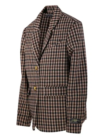 Ganni Check Wool Blend Oversized Blazer With Notched Lapels In Brown