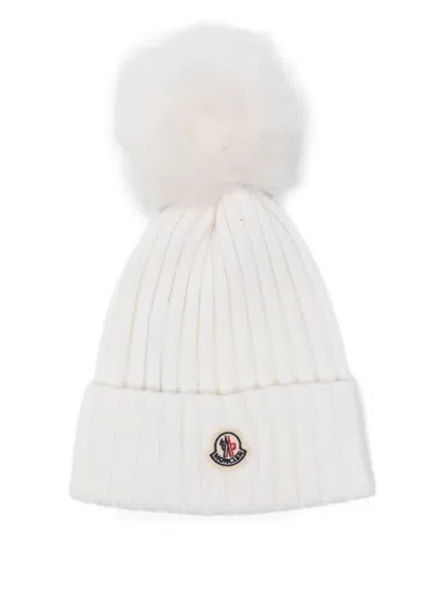 Moncler Virgin Wool Rib Beanie With Faux Fur Pompom In Neutral