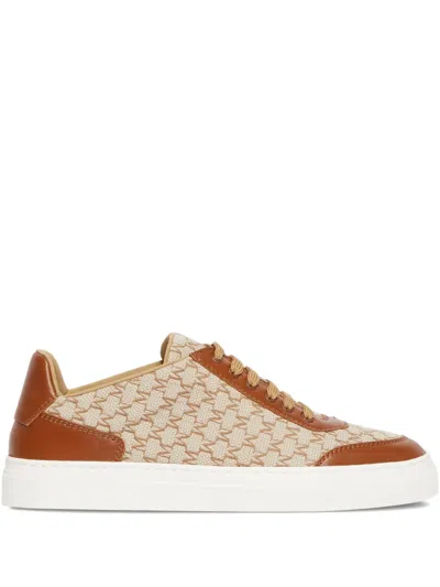 Max Mara Logo Jacquard Sneakers With Textured Fabric And Leather Accents In Brown