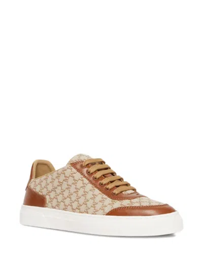 Max Mara Logo Jacquard Sneakers With Textured Fabric And Leather Accents In Brown
