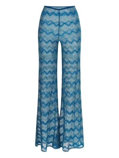 Missoni Zigzag Pattern Flared Pants In Semi-transparent Viscose In Blue