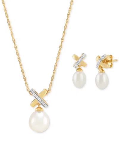 Macy's 2-pc. Set Cultured Freshwater Pearl (6 & 8mm) And Diamond Accent X Pendant Necklace & Matching Drop  In White