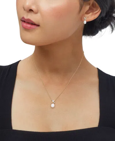 Macy's 2-pc. Set Cultured Freshwater Pearl (6 & 8mm) And Diamond Accent X Pendant Necklace & Matching Drop  In White