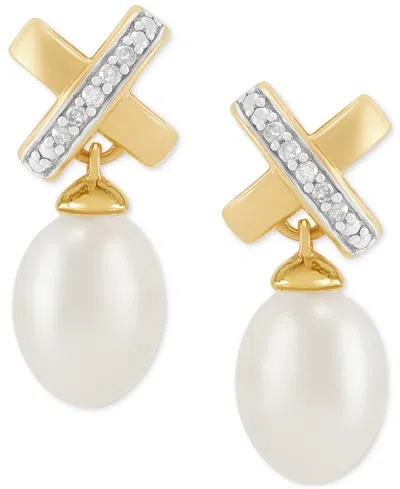 Macy's 2-pc. Set Cultured Freshwater Pearl (6 & 8mm) And Diamond Accent X Pendant Necklace & Matching Drop  In White