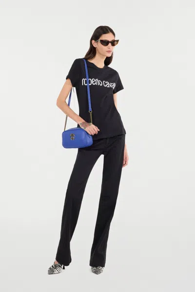 Roberto Cavalli Mirror Snake Monogram Bootcut Jeans In Black