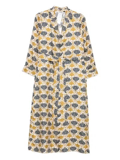 Max Mara Kaftan Dress With Lapel Collar And Belt In Multi
