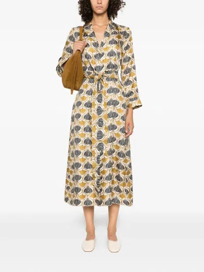 Max Mara Kaftan Dress With Lapel Collar And Belt In Multi