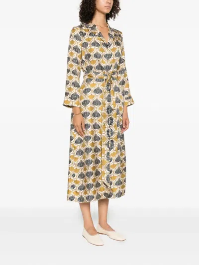 Max Mara Kaftan Dress With Lapel Collar And Belt In Multi