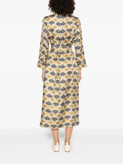 Max Mara Kaftan Dress With Lapel Collar And Belt In Multi