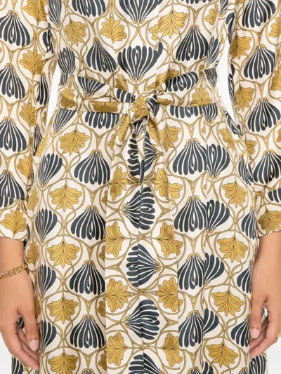 Max Mara Kaftan Dress With Lapel Collar And Belt In Multi