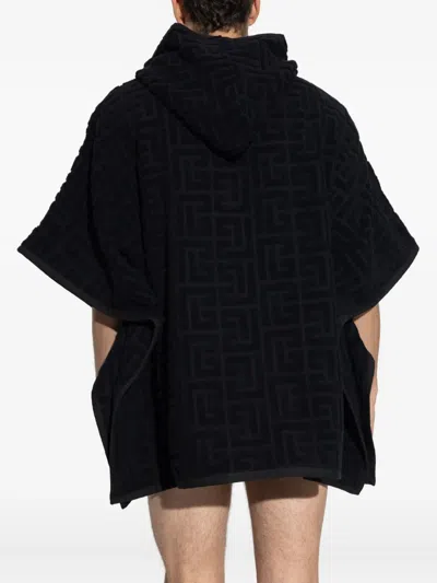 Balmain Hooded Logo-embroidered Poncho In Black