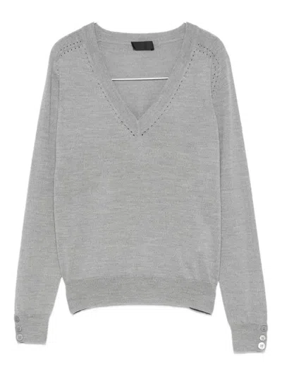 Liu •jo V-neck Grey Sweater With Perforated Detailing In Gray
