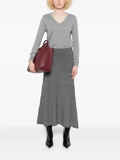 Liu •jo V-neck Grey Sweater With Perforated Detailing In Gray