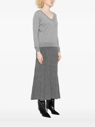 Liu •jo V-neck Grey Sweater With Perforated Detailing In Gray