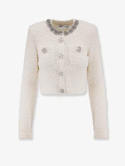 Self-portrait White Crewneck Cropped Cardigan With Crystal Embellishments On The Collar In Cotton Blend Woman In White